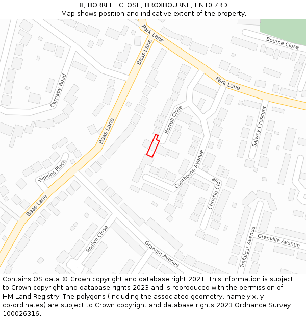8, BORRELL CLOSE, BROXBOURNE, EN10 7RD: Location map and indicative extent of plot