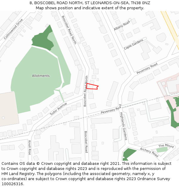 8, BOSCOBEL ROAD NORTH, ST LEONARDS-ON-SEA, TN38 0NZ: Location map and indicative extent of plot