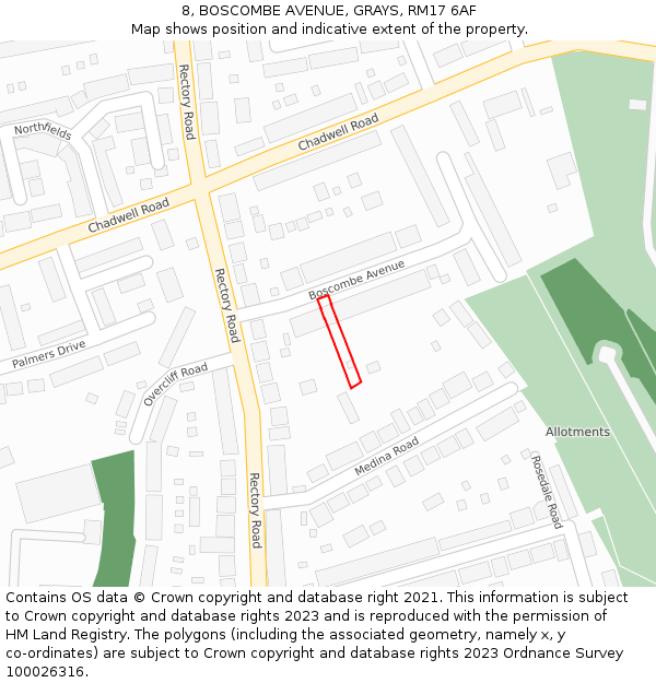 8, BOSCOMBE AVENUE, GRAYS, RM17 6AF: Location map and indicative extent of plot