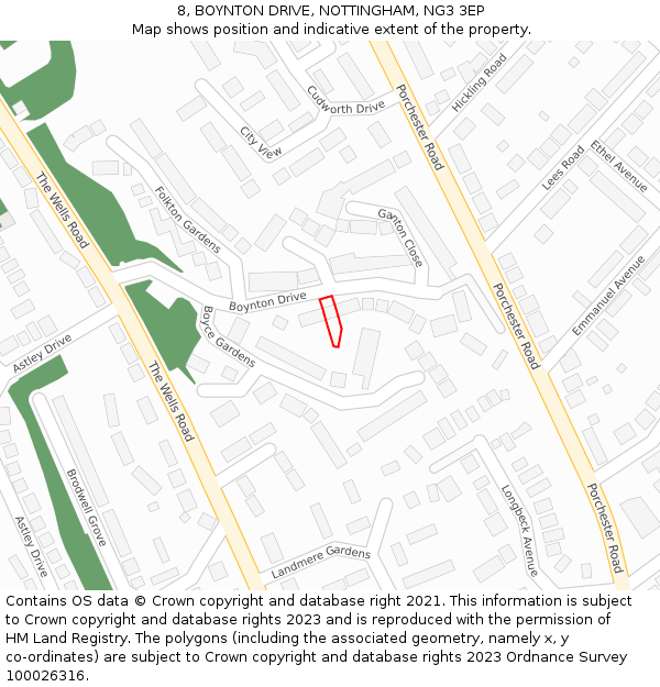 8, BOYNTON DRIVE, NOTTINGHAM, NG3 3EP: Location map and indicative extent of plot