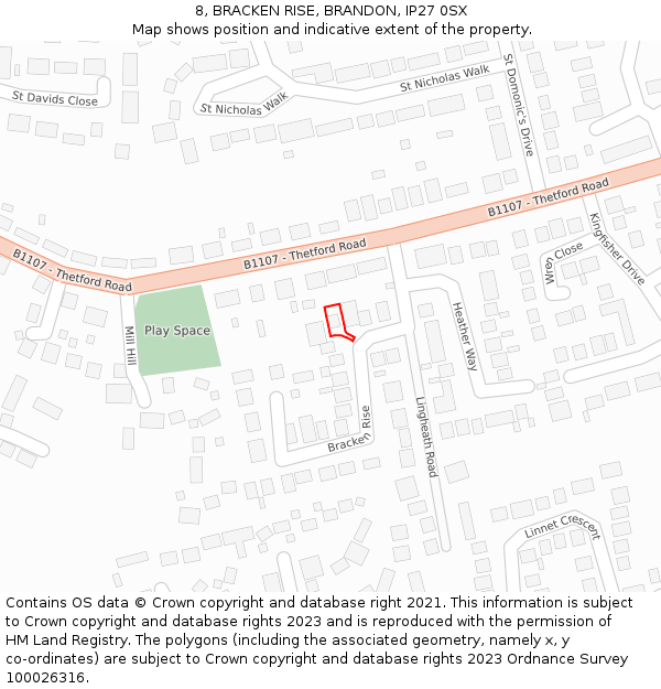 8, BRACKEN RISE, BRANDON, IP27 0SX: Location map and indicative extent of plot