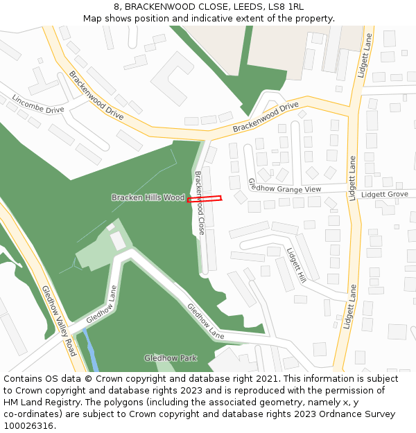 8, BRACKENWOOD CLOSE, LEEDS, LS8 1RL: Location map and indicative extent of plot