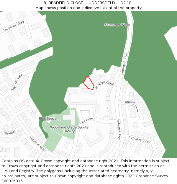 8, BRADFIELD CLOSE, HUDDERSFIELD, HD2 1PL: Location map and indicative extent of plot