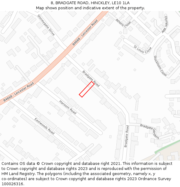 8, BRADGATE ROAD, HINCKLEY, LE10 1LA: Location map and indicative extent of plot