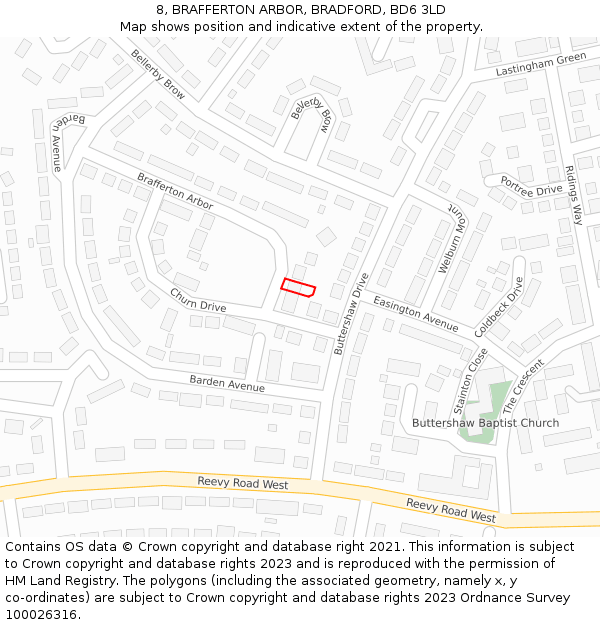 8, BRAFFERTON ARBOR, BRADFORD, BD6 3LD: Location map and indicative extent of plot