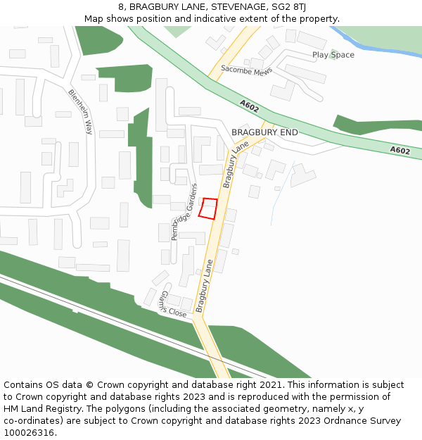 8, BRAGBURY LANE, STEVENAGE, SG2 8TJ: Location map and indicative extent of plot