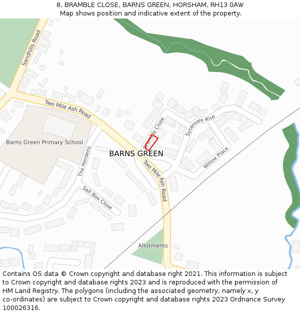 8, BRAMBLE CLOSE, BARNS GREEN, HORSHAM, RH13 0AW: Location map and indicative extent of plot