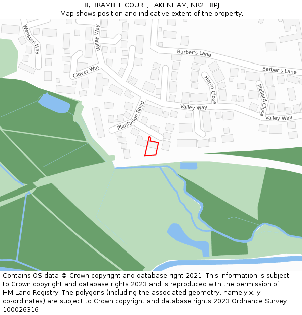 8, BRAMBLE COURT, FAKENHAM, NR21 8PJ: Location map and indicative extent of plot