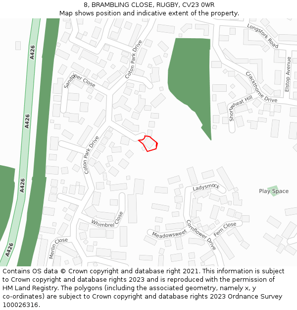 8, BRAMBLING CLOSE, RUGBY, CV23 0WR: Location map and indicative extent of plot