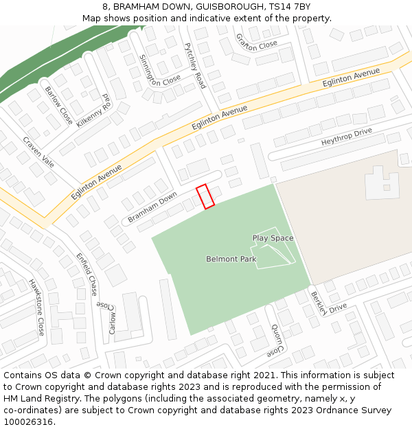 8, BRAMHAM DOWN, GUISBOROUGH, TS14 7BY: Location map and indicative extent of plot