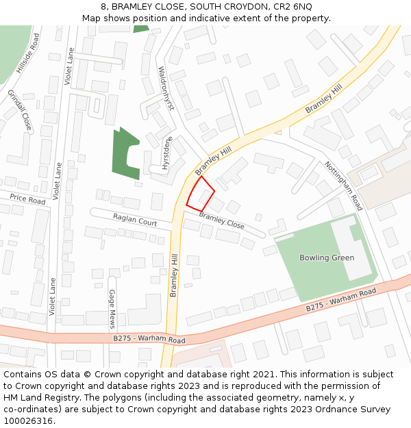 8, BRAMLEY CLOSE, SOUTH CROYDON, CR2 6NQ: Location map and indicative extent of plot