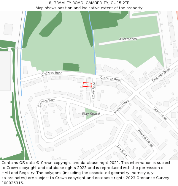 8, BRAMLEY ROAD, CAMBERLEY, GU15 2TB: Location map and indicative extent of plot