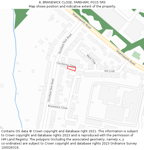 8, BRANEWICK CLOSE, FAREHAM, PO15 5RS: Location map and indicative extent of plot