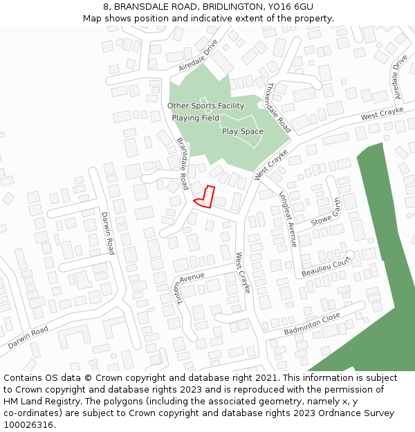 8, BRANSDALE ROAD, BRIDLINGTON, YO16 6GU: Location map and indicative extent of plot