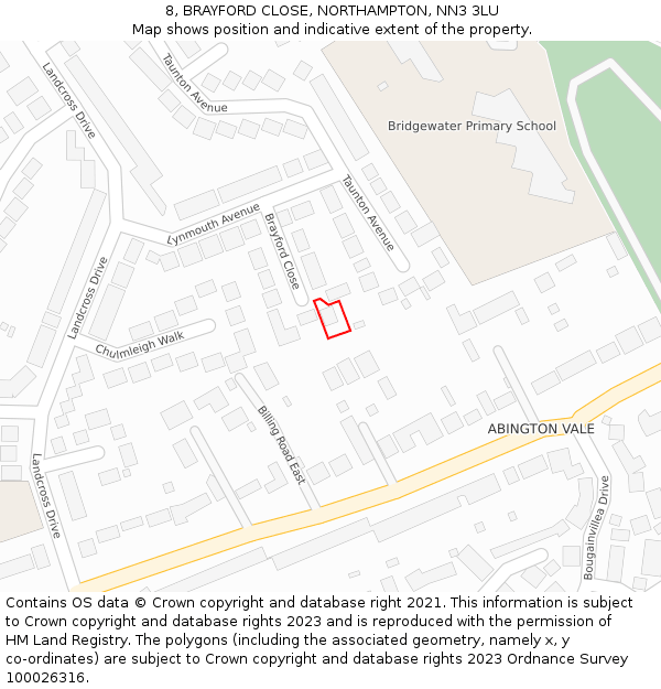 8, BRAYFORD CLOSE, NORTHAMPTON, NN3 3LU: Location map and indicative extent of plot