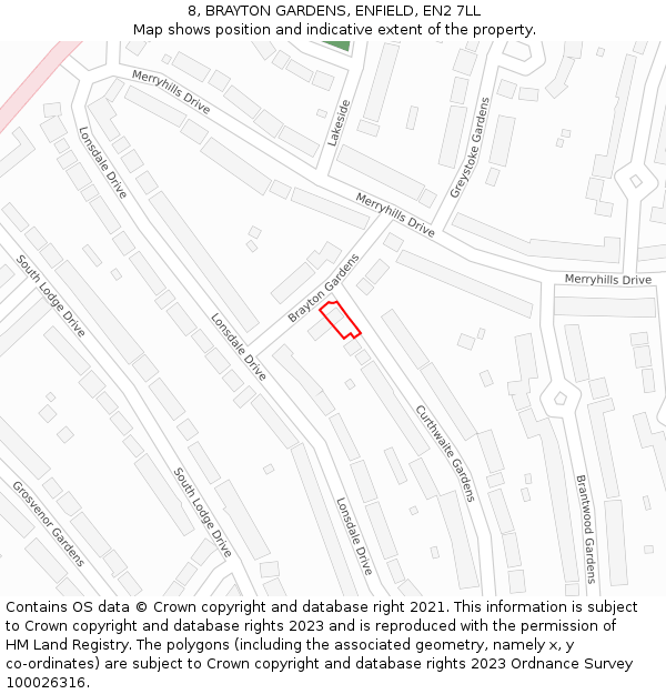 8, BRAYTON GARDENS, ENFIELD, EN2 7LL: Location map and indicative extent of plot