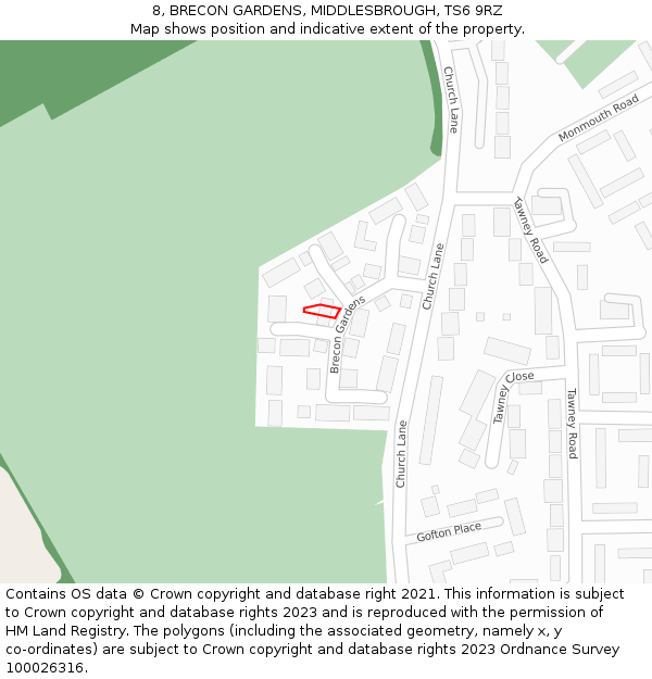 8, BRECON GARDENS, MIDDLESBROUGH, TS6 9RZ: Location map and indicative extent of plot