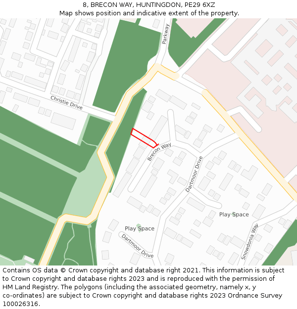 8, BRECON WAY, HUNTINGDON, PE29 6XZ: Location map and indicative extent of plot