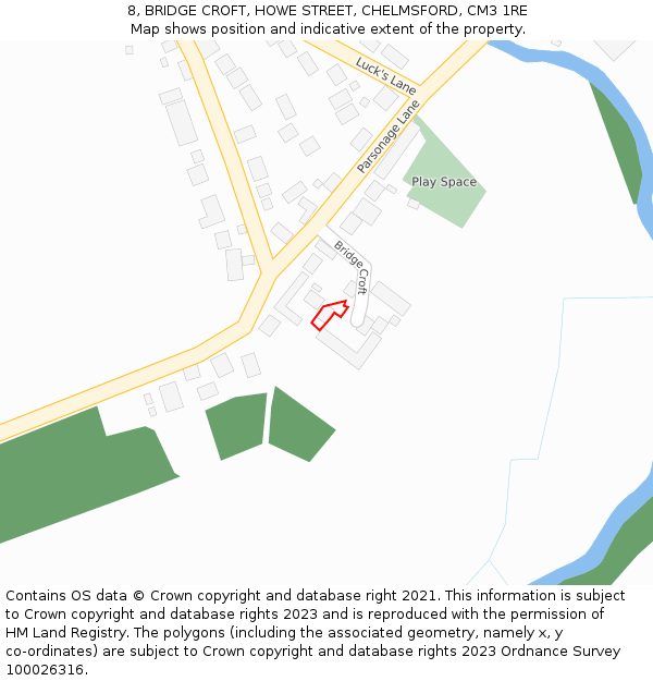 8, BRIDGE CROFT, HOWE STREET, CHELMSFORD, CM3 1RE: Location map and indicative extent of plot