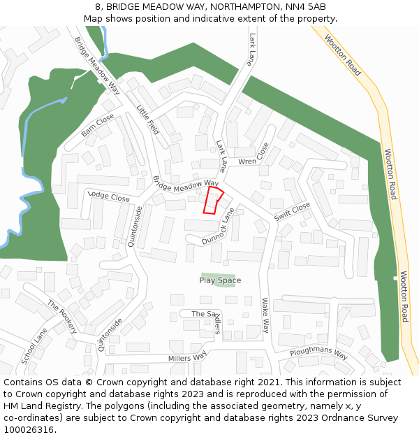 8, BRIDGE MEADOW WAY, NORTHAMPTON, NN4 5AB: Location map and indicative extent of plot