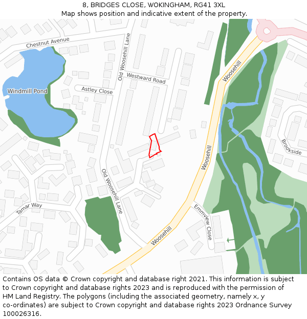8, BRIDGES CLOSE, WOKINGHAM, RG41 3XL: Location map and indicative extent of plot