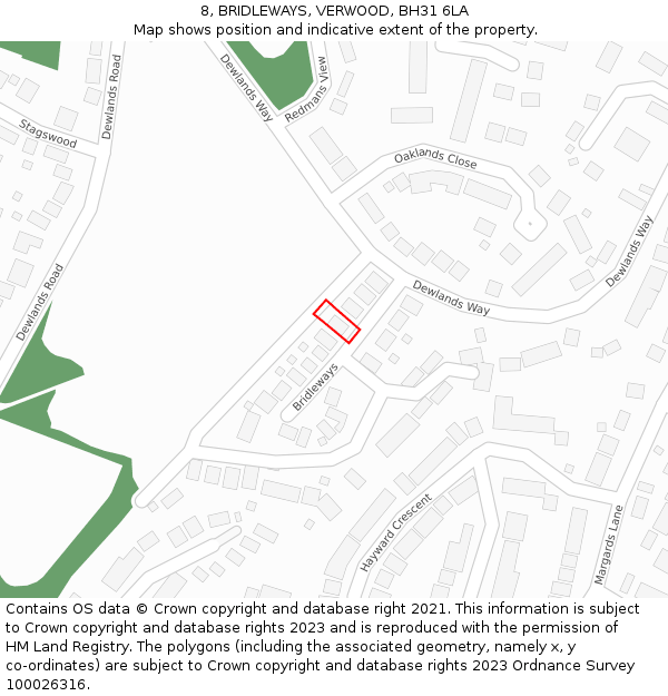 8, BRIDLEWAYS, VERWOOD, BH31 6LA: Location map and indicative extent of plot