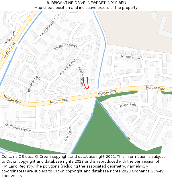 8, BRIGANTINE DRIVE, NEWPORT, NP10 8EU: Location map and indicative extent of plot
