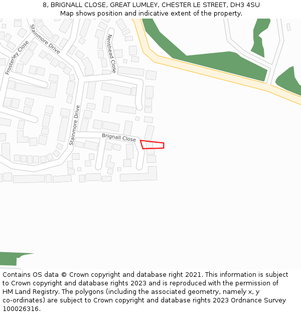 8, BRIGNALL CLOSE, GREAT LUMLEY, CHESTER LE STREET, DH3 4SU: Location map and indicative extent of plot