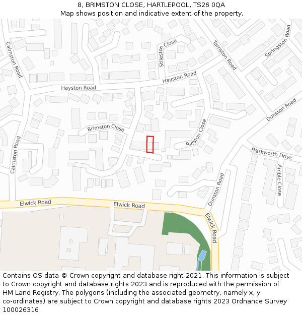 8, BRIMSTON CLOSE, HARTLEPOOL, TS26 0QA: Location map and indicative extent of plot