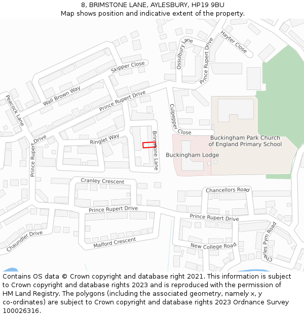 8, BRIMSTONE LANE, AYLESBURY, HP19 9BU: Location map and indicative extent of plot