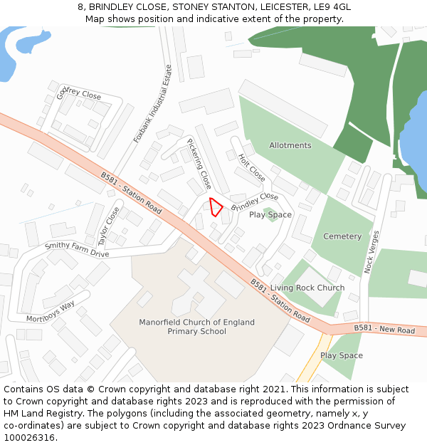 8, BRINDLEY CLOSE, STONEY STANTON, LEICESTER, LE9 4GL: Location map and indicative extent of plot