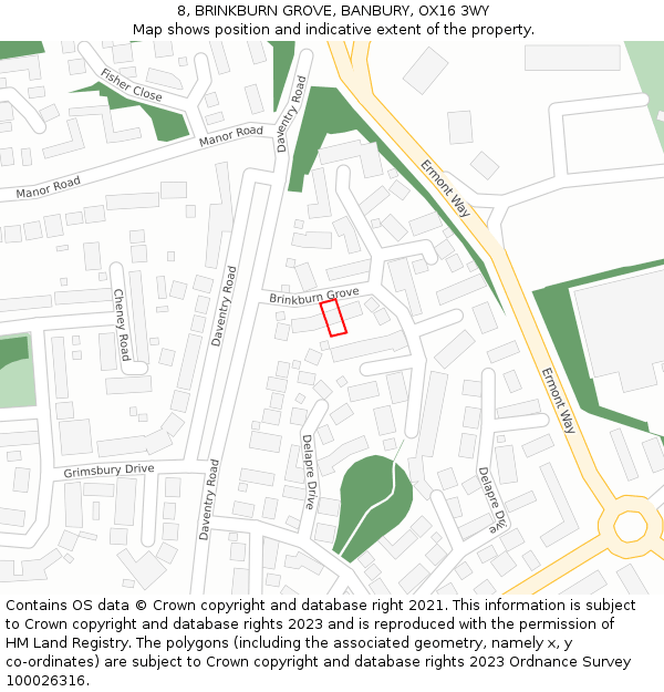 8, BRINKBURN GROVE, BANBURY, OX16 3WY: Location map and indicative extent of plot