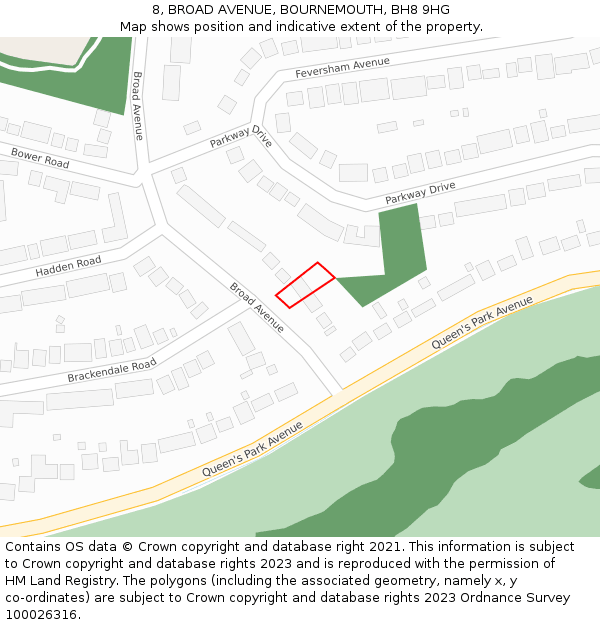 8, BROAD AVENUE, BOURNEMOUTH, BH8 9HG: Location map and indicative extent of plot
