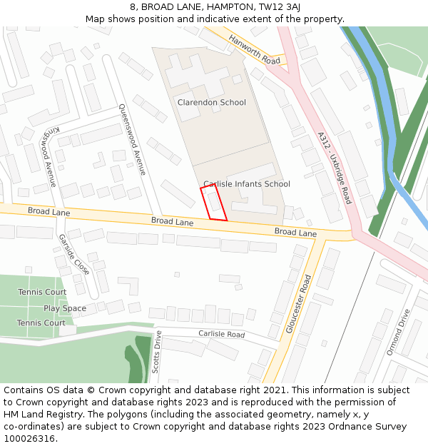 8, BROAD LANE, HAMPTON, TW12 3AJ: Location map and indicative extent of plot