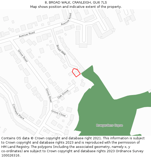 8, BROAD WALK, CRANLEIGH, GU6 7LS: Location map and indicative extent of plot