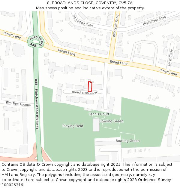 8, BROADLANDS CLOSE, COVENTRY, CV5 7AJ: Location map and indicative extent of plot