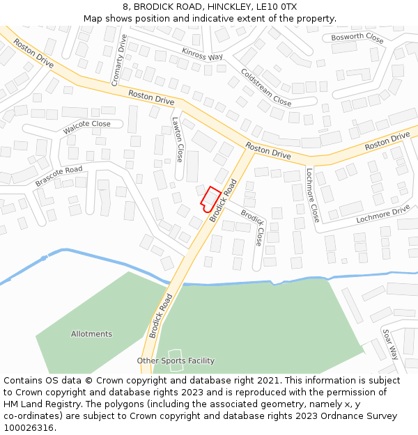 8, BRODICK ROAD, HINCKLEY, LE10 0TX: Location map and indicative extent of plot