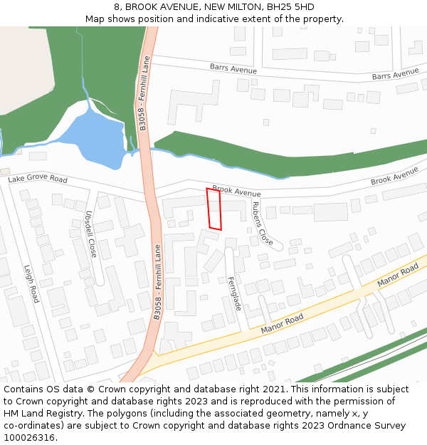 8, BROOK AVENUE, NEW MILTON, BH25 5HD: Location map and indicative extent of plot