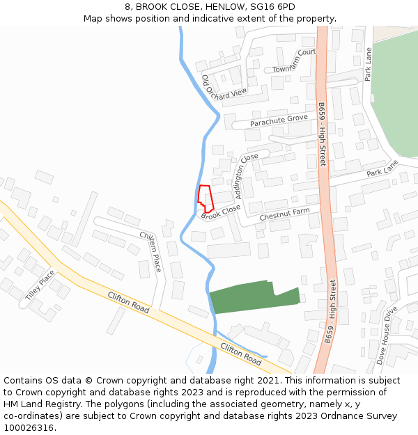 8, BROOK CLOSE, HENLOW, SG16 6PD: Location map and indicative extent of plot