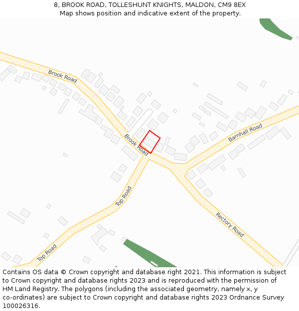 8, BROOK ROAD, TOLLESHUNT KNIGHTS, MALDON, CM9 8EX: Location map and indicative extent of plot