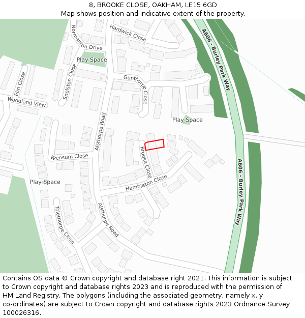 8, BROOKE CLOSE, OAKHAM, LE15 6GD: Location map and indicative extent of plot