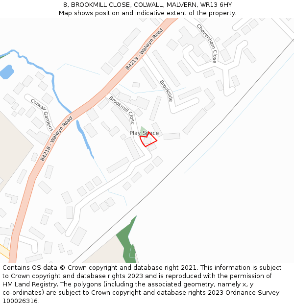 8, BROOKMILL CLOSE, COLWALL, MALVERN, WR13 6HY: Location map and indicative extent of plot