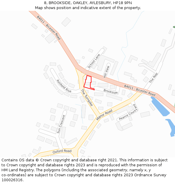 8, BROOKSIDE, OAKLEY, AYLESBURY, HP18 9PN: Location map and indicative extent of plot