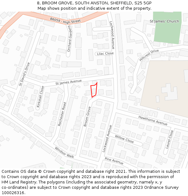 8, BROOM GROVE, SOUTH ANSTON, SHEFFIELD, S25 5GP: Location map and indicative extent of plot