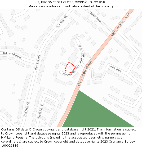 8, BROOMCROFT CLOSE, WOKING, GU22 8NR: Location map and indicative extent of plot