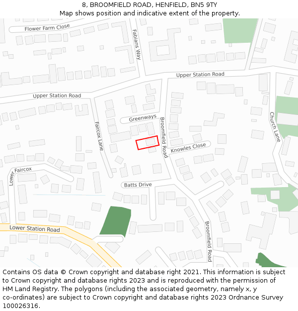 8, BROOMFIELD ROAD, HENFIELD, BN5 9TY: Location map and indicative extent of plot