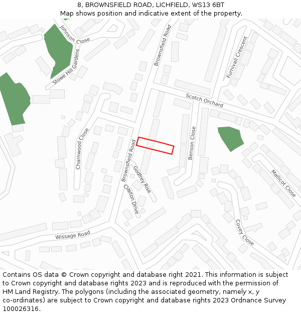 8, BROWNSFIELD ROAD, LICHFIELD, WS13 6BT: Location map and indicative extent of plot