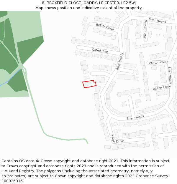 8, BROXFIELD CLOSE, OADBY, LEICESTER, LE2 5WJ: Location map and indicative extent of plot