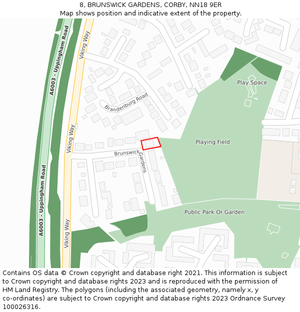 8, BRUNSWICK GARDENS, CORBY, NN18 9ER: Location map and indicative extent of plot