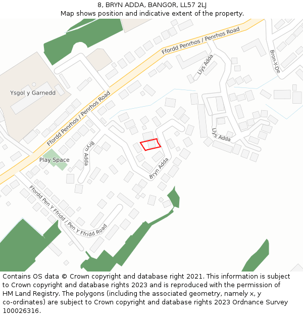 8, BRYN ADDA, BANGOR, LL57 2LJ: Location map and indicative extent of plot